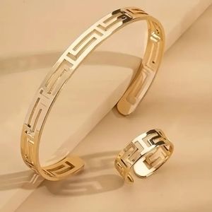 18k Gold Plated greek key cuff bracelet and ring set